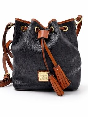 Dooney & Bourke Black Pebbled Leather Drawstring Crossbody with Brown Trim